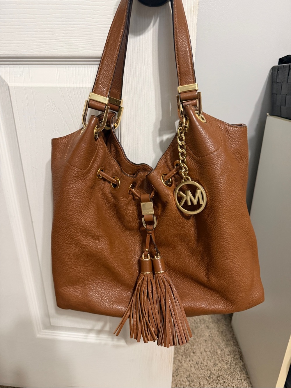 Michael Kors Cognac Pebbled Leather Tassel Shoulder Bag